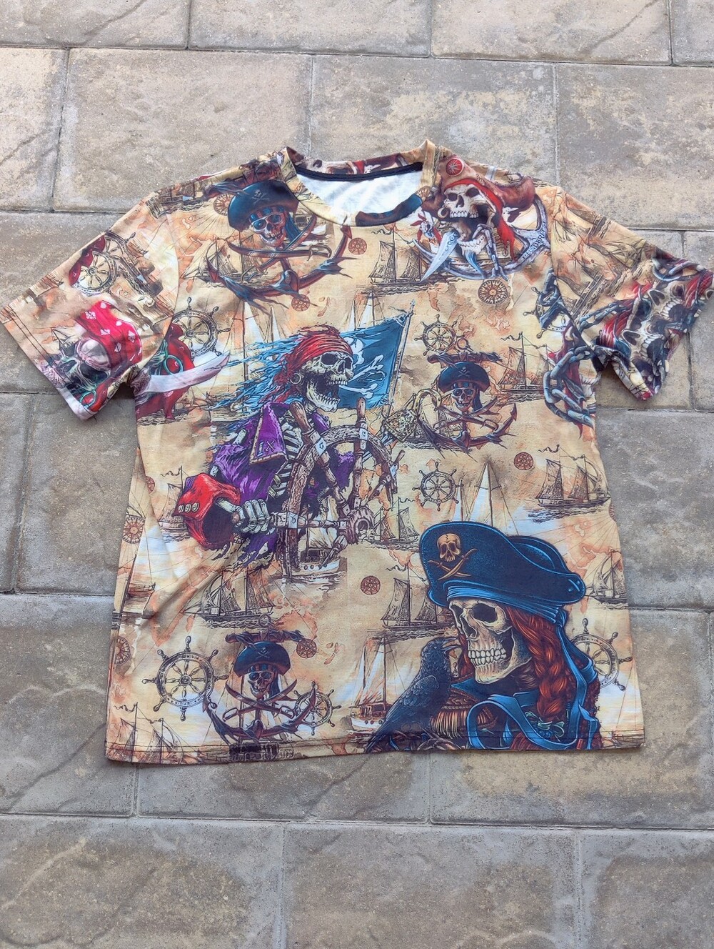 Men’s Pirate Skeleton All Over Print T-Shirt - Size Large - Graphic Skull